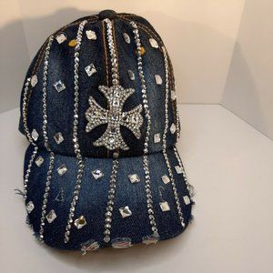 Faded Denim Truckers Cap Strapback Rhinestone Distressed Iron Cross Womens